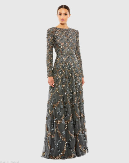 Mac Duggal Gray Embellished Illusion High Neck Long Sleeve A Line Gown