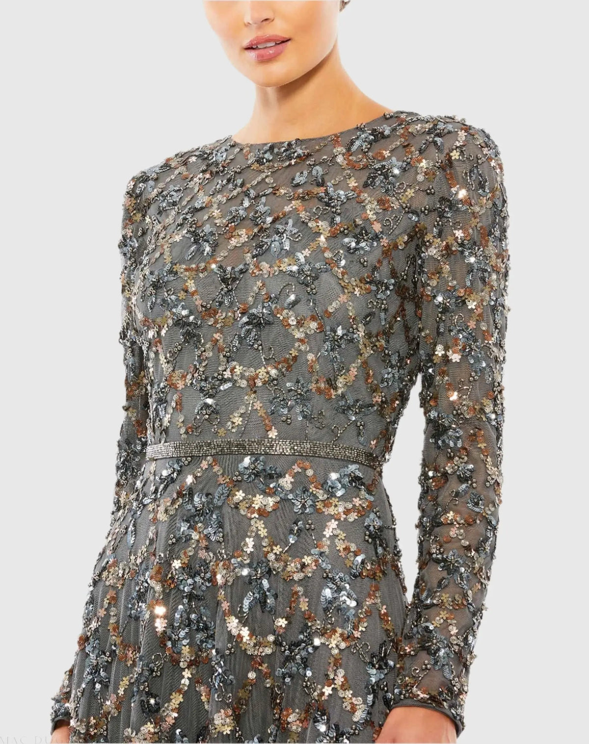 Mac Duggal Gray Embellished Illusion High Neck Long Sleeve A Line Gown