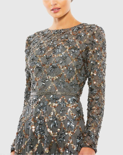 Mac Duggal Gray Embellished Illusion High Neck Long Sleeve A Line Gown
