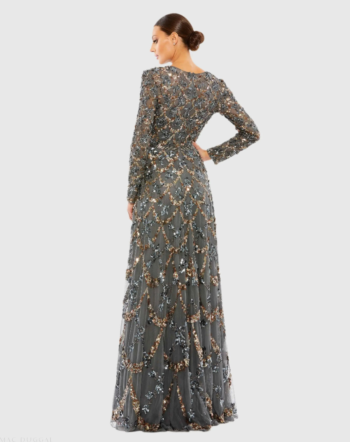 Mac Duggal Gray Embellished Illusion High Neck Long Sleeve A Line Gown