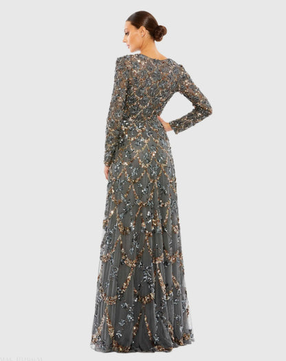 Mac Duggal Gray Embellished Illusion High Neck Long Sleeve A Line Gown