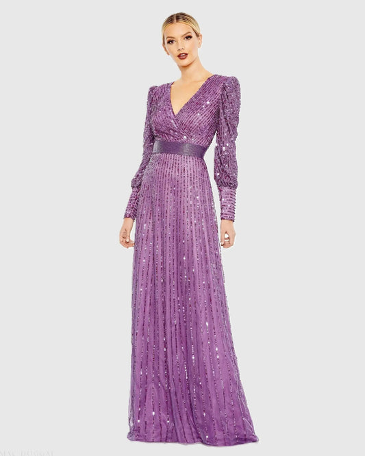 Mac Duggal Sequined Wrap Over Bishop Sleeve Dress