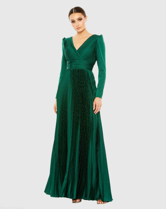 Mac Duggal Green Pleated Long Sleeve V-Neck Gown