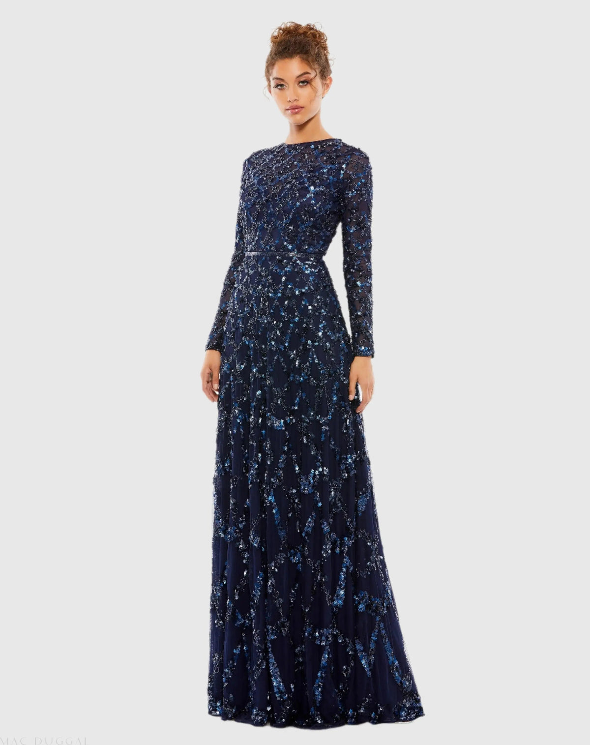 Mac Duggal Navy Embellished Illusion High Neck Long Sleeve A Line Gown