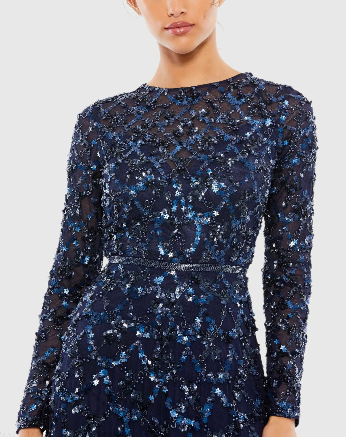 Mac Duggal Navy Embellished Illusion High Neck Long Sleeve A Line Gown