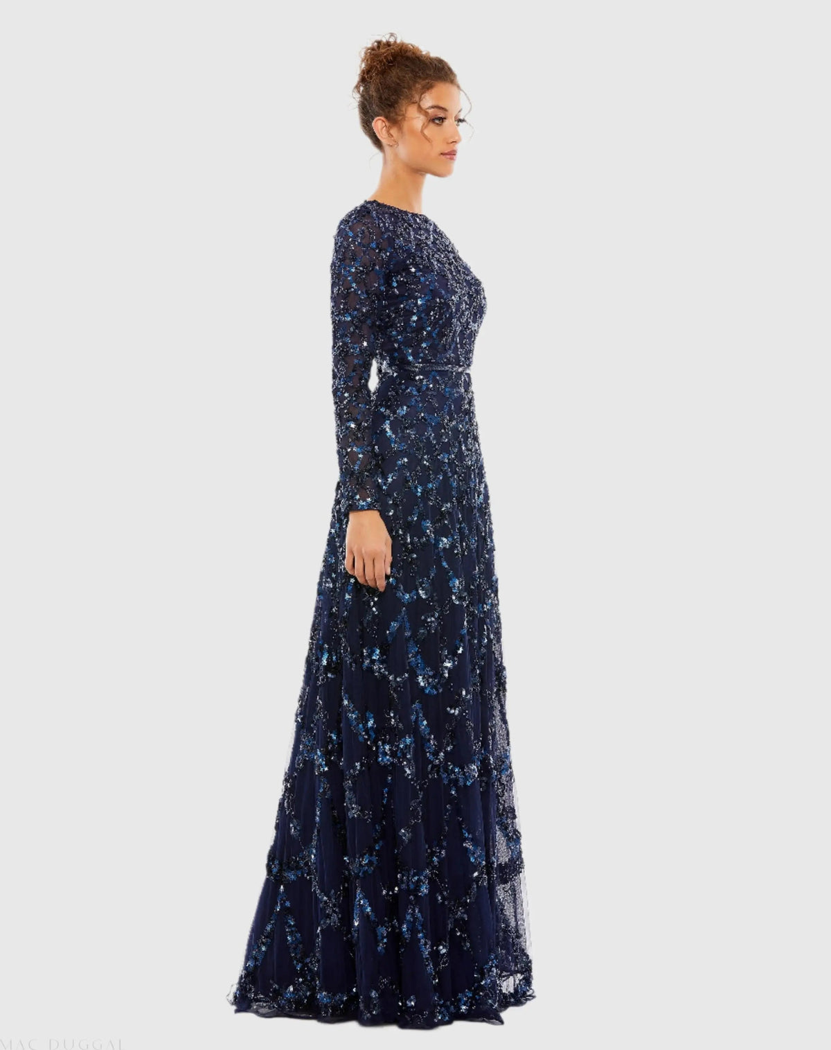 Mac Duggal Navy Embellished Illusion High Neck Long Sleeve A Line Gown