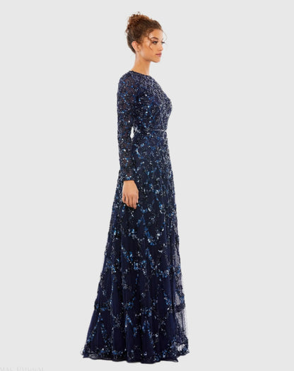 Mac Duggal Navy Embellished Illusion High Neck Long Sleeve A Line Gown