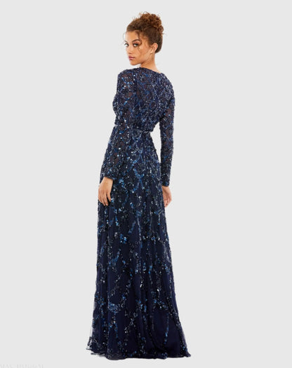 Mac Duggal Navy Embellished Illusion High Neck Long Sleeve A Line Gown