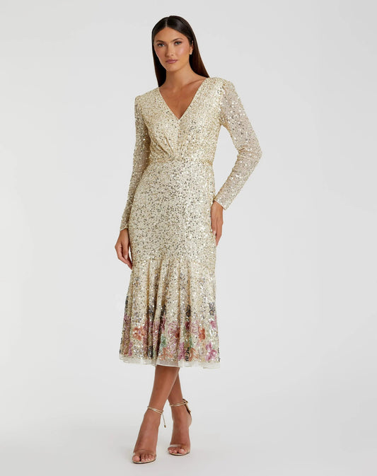 Mac Duggal Gold Multicolor Faux Wrap Long Sleeve Tea Length Dress - FINAL SALE Duggal