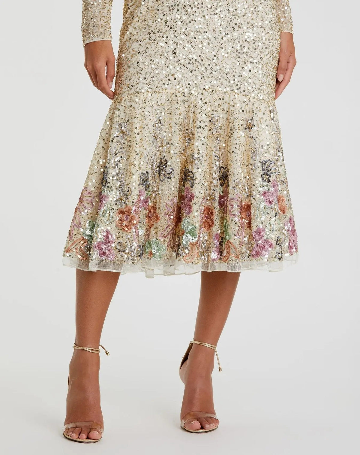 Mac Duggal Gold Multicolor Faux Wrap Long Sleeve Tea Length Dress - FINAL SALE Duggal