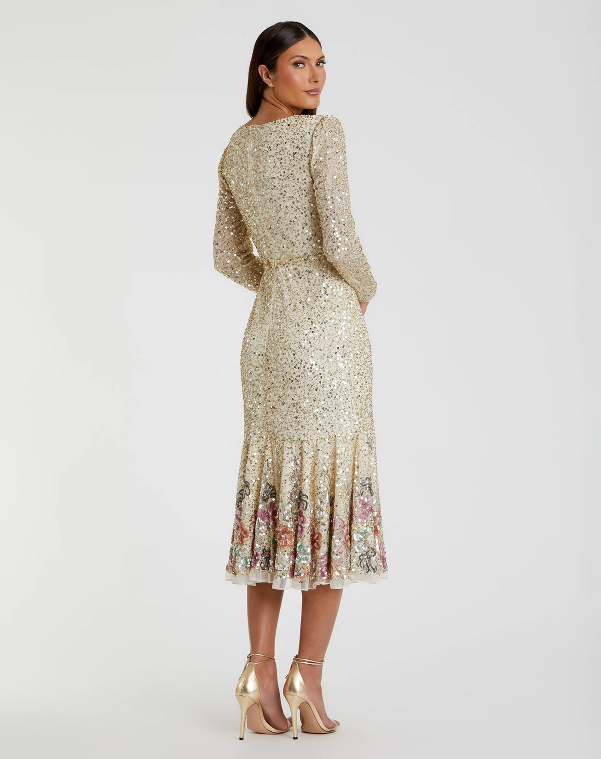 Mac Duggal Gold Multicolor Faux Wrap Long Sleeve Tea Length Dress - FINAL SALE Duggal
