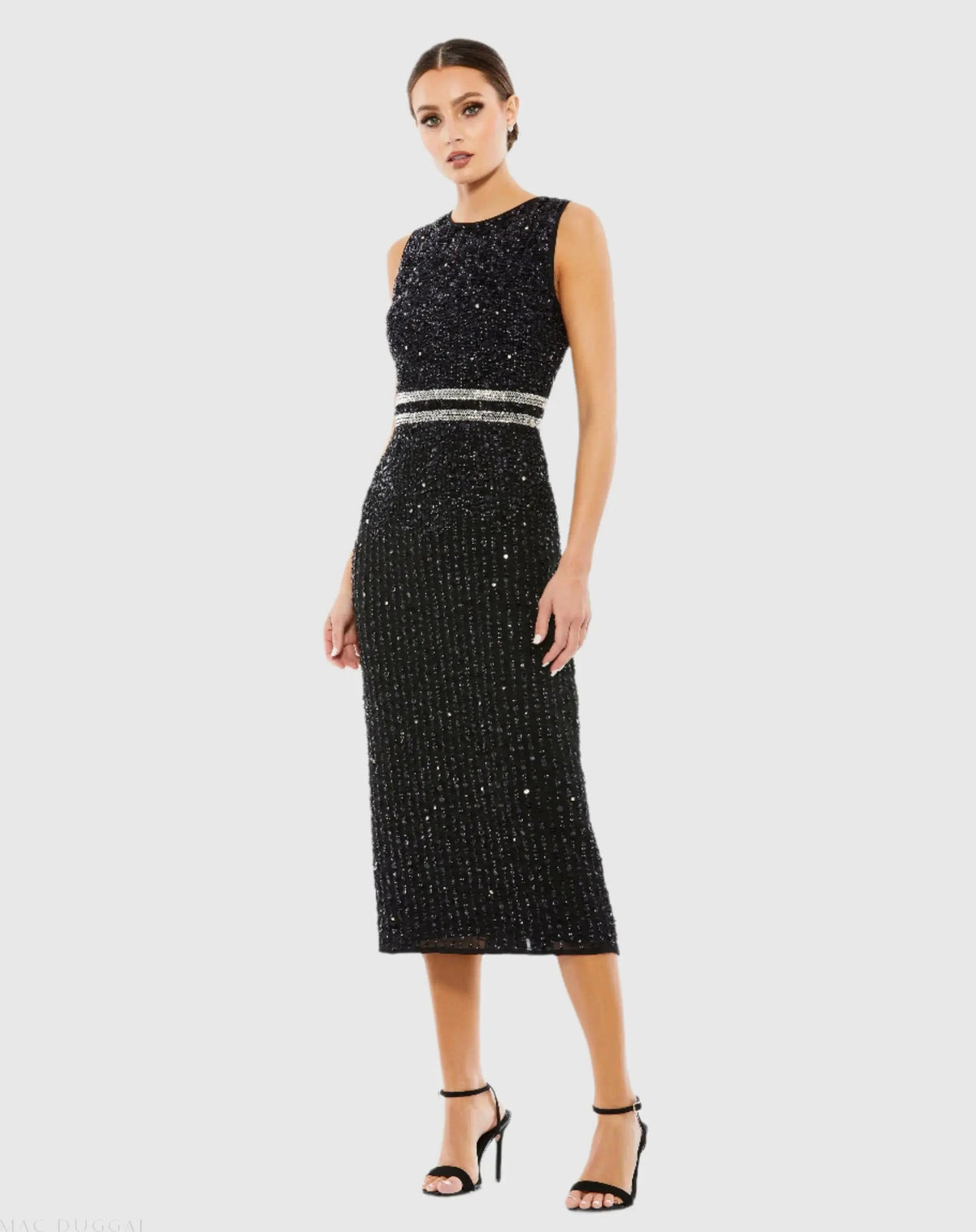Mac Duggal Black Sleeveless High Neck Beaded Midi Sheath Dress Duggal