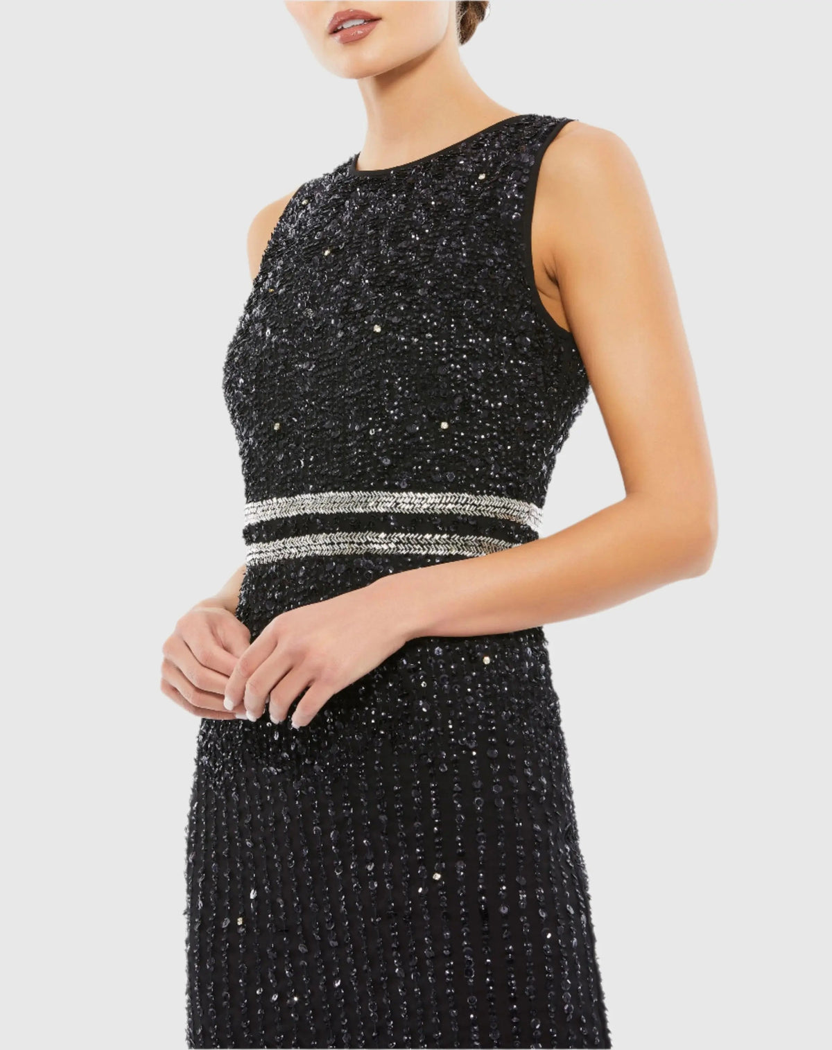 Mac Duggal Black Sleeveless High Neck Beaded Midi Sheath Dress Duggal