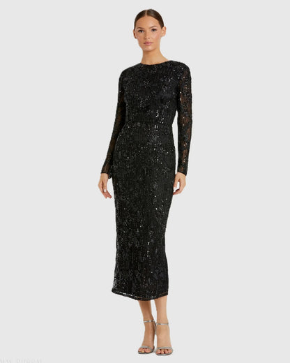 Mac Duggal Black High Neck Long Sleeve Embellished Dress