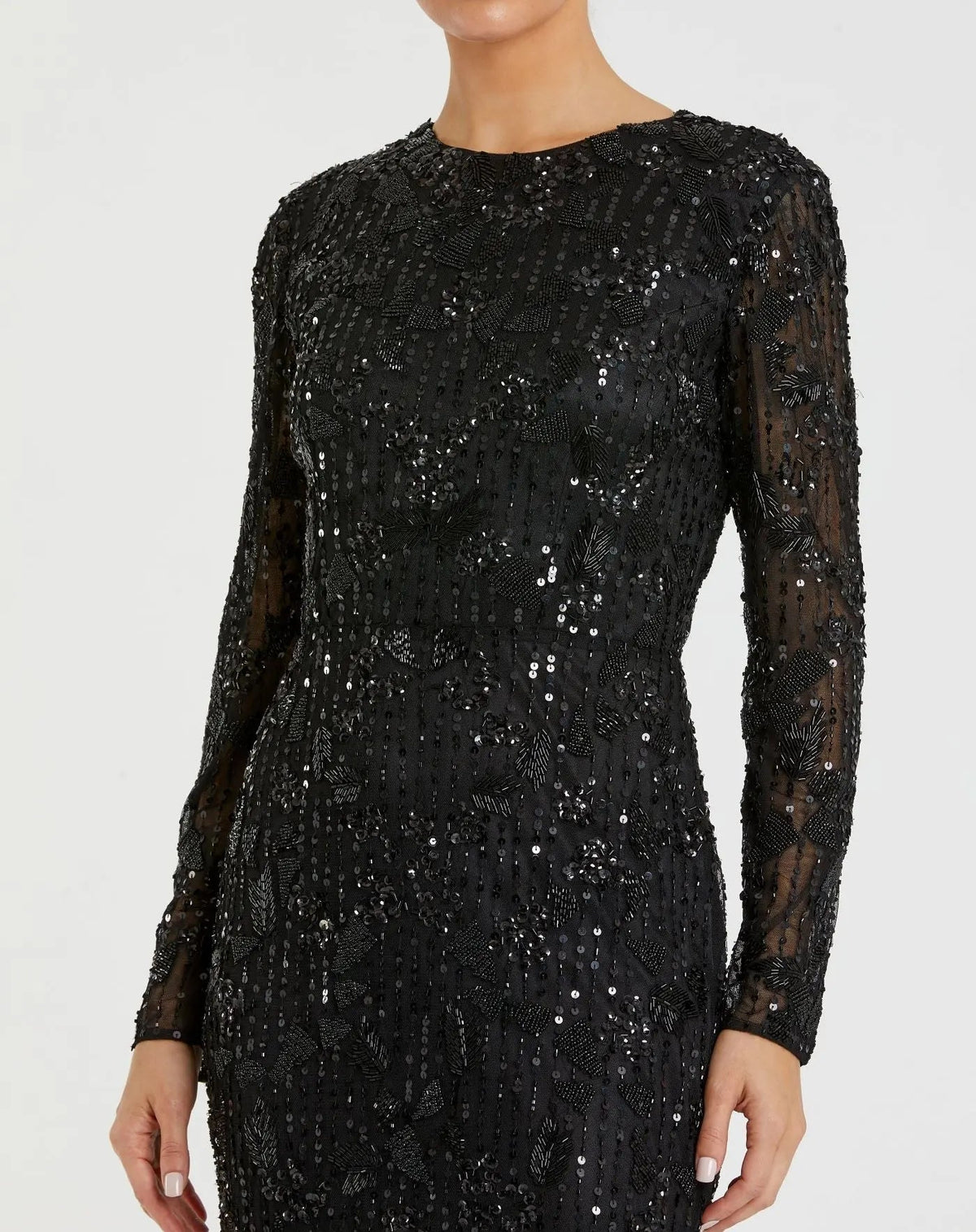Mac Duggal Black High Neck Long Sleeve Embellished Dress