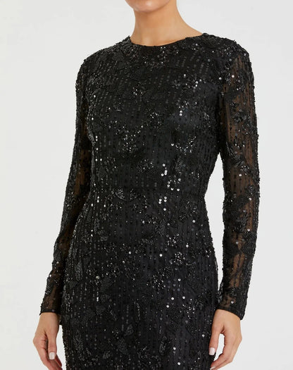 Mac Duggal Black High Neck Long Sleeve Embellished Dress