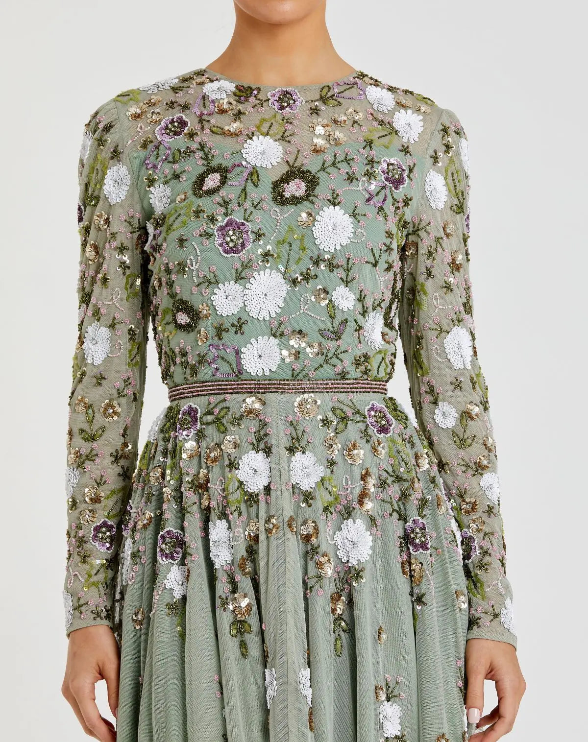 Mac Duggal Green Sequined Floral Long Sleeve High Neck Midi Dress Duggal