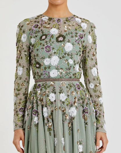 Mac Duggal Green Sequined Floral Long Sleeve High Neck Midi Dress Duggal