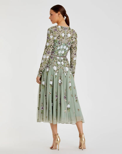 Mac Duggal Green Sequined Floral Long Sleeve High Neck Midi Dress Duggal