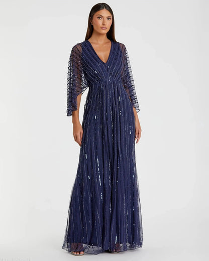 Mac Duggal Navy Beaded Striping Kimono Sleeve V Neck Gown Duggal