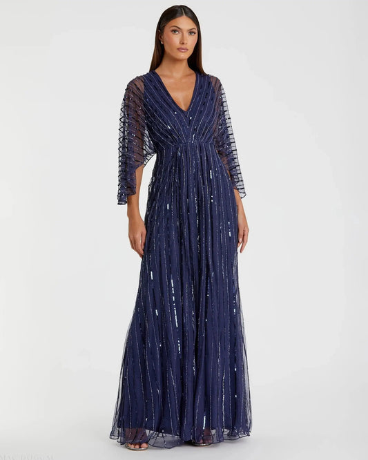 Mac Duggal Navy Beaded Striping Kimono Sleeve V Neck Gown Duggal