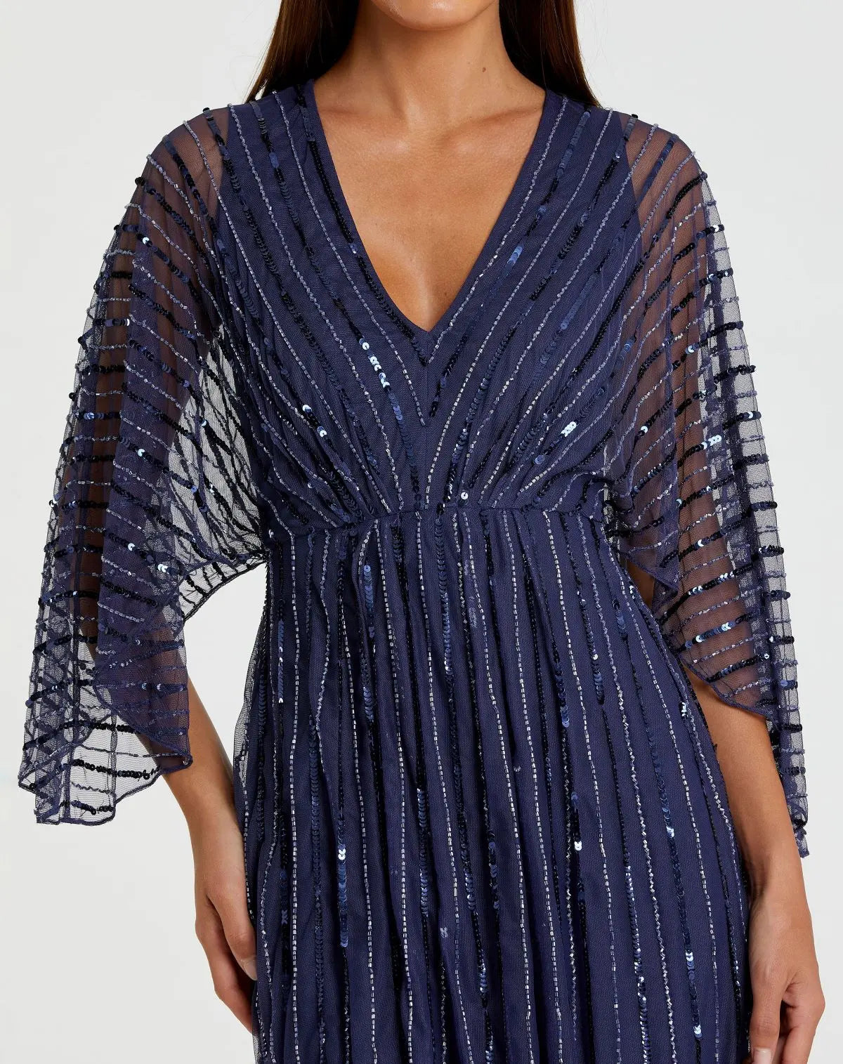 Mac Duggal Navy Beaded Striping Kimono Sleeve V Neck Gown Duggal