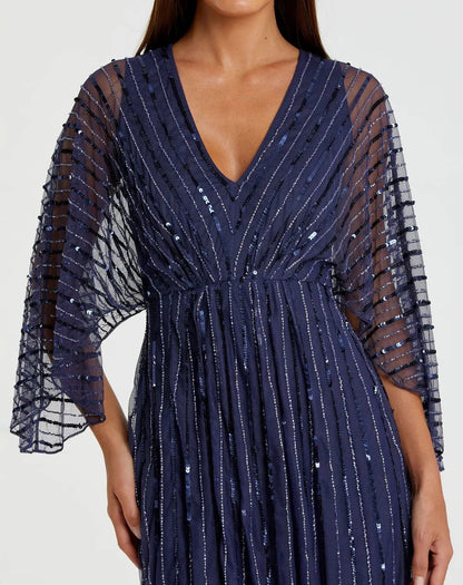 Mac Duggal Navy Beaded Striping Kimono Sleeve V Neck Gown Duggal