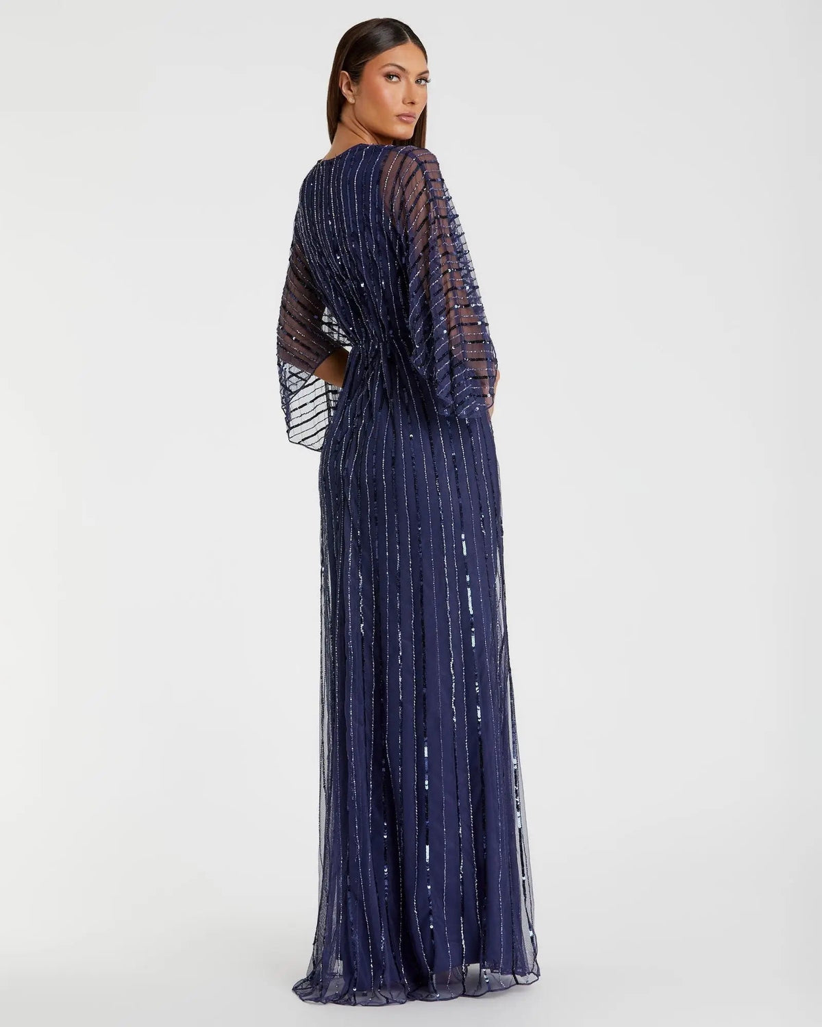 Mac Duggal Navy Beaded Striping Kimono Sleeve V Neck Gown Duggal