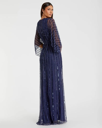 Mac Duggal Navy Beaded Striping Kimono Sleeve V Neck Gown Duggal