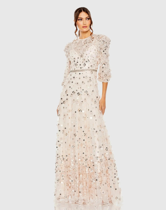 Mac Duggal Floral Applique Puff Sleeve High Neck A-Line Gown Duggal