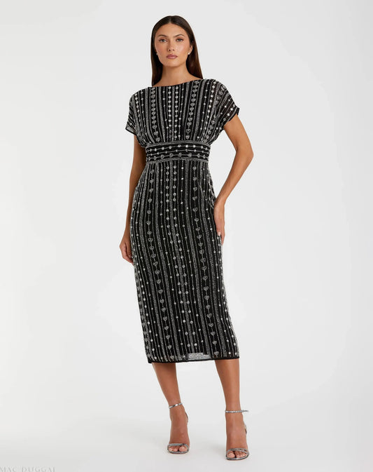 Mac Duggal Black Beaded Cap Sleeve Sheath Midi Dress