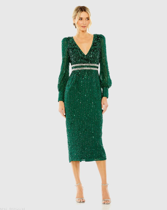 Mac Duggal Green Sequined V Neck Bishop Sleeve Dress Duggal