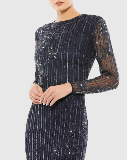Mac Duggal Navy Embellished High Neck Illusion Long Sleeve Gown