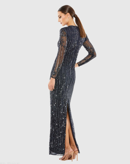 Mac Duggal Navy Embellished High Neck Illusion Long Sleeve Gown