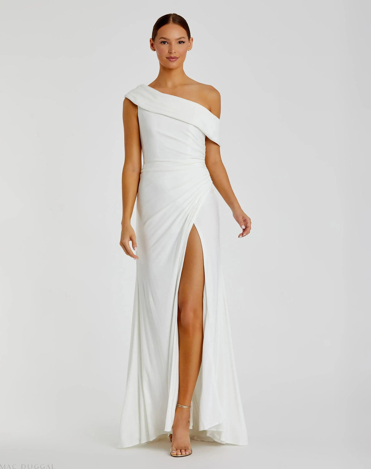 Mac Duggal White Foldover Off-the-Shoulder Slit Gown Duggal