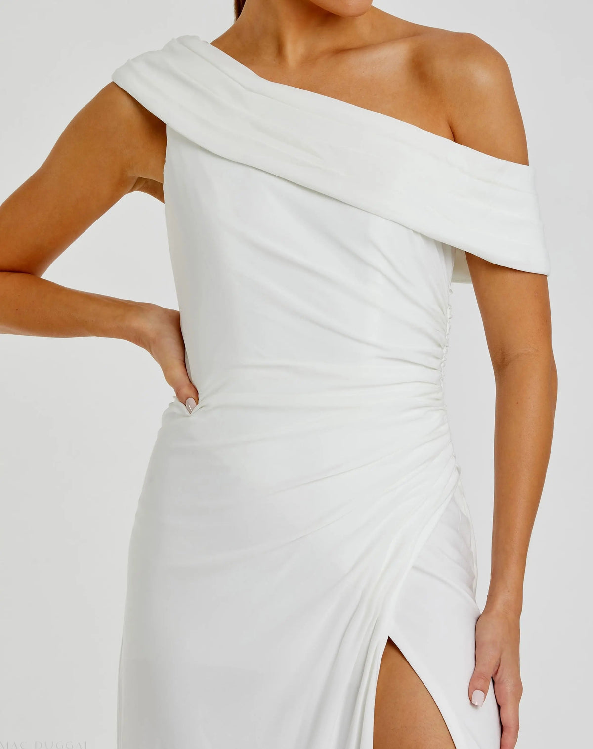 Mac Duggal White Foldover Off-the-Shoulder Slit Gown Duggal