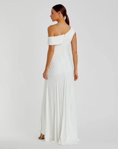 Mac Duggal White Foldover Off-the-Shoulder Slit Gown Duggal