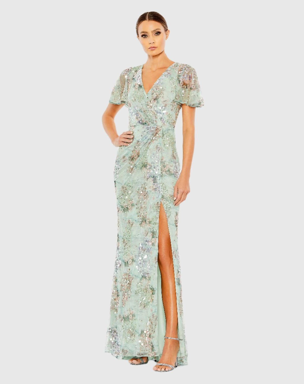 Mac Duggal Green Flutter Sleeve Embellished Evening Gown