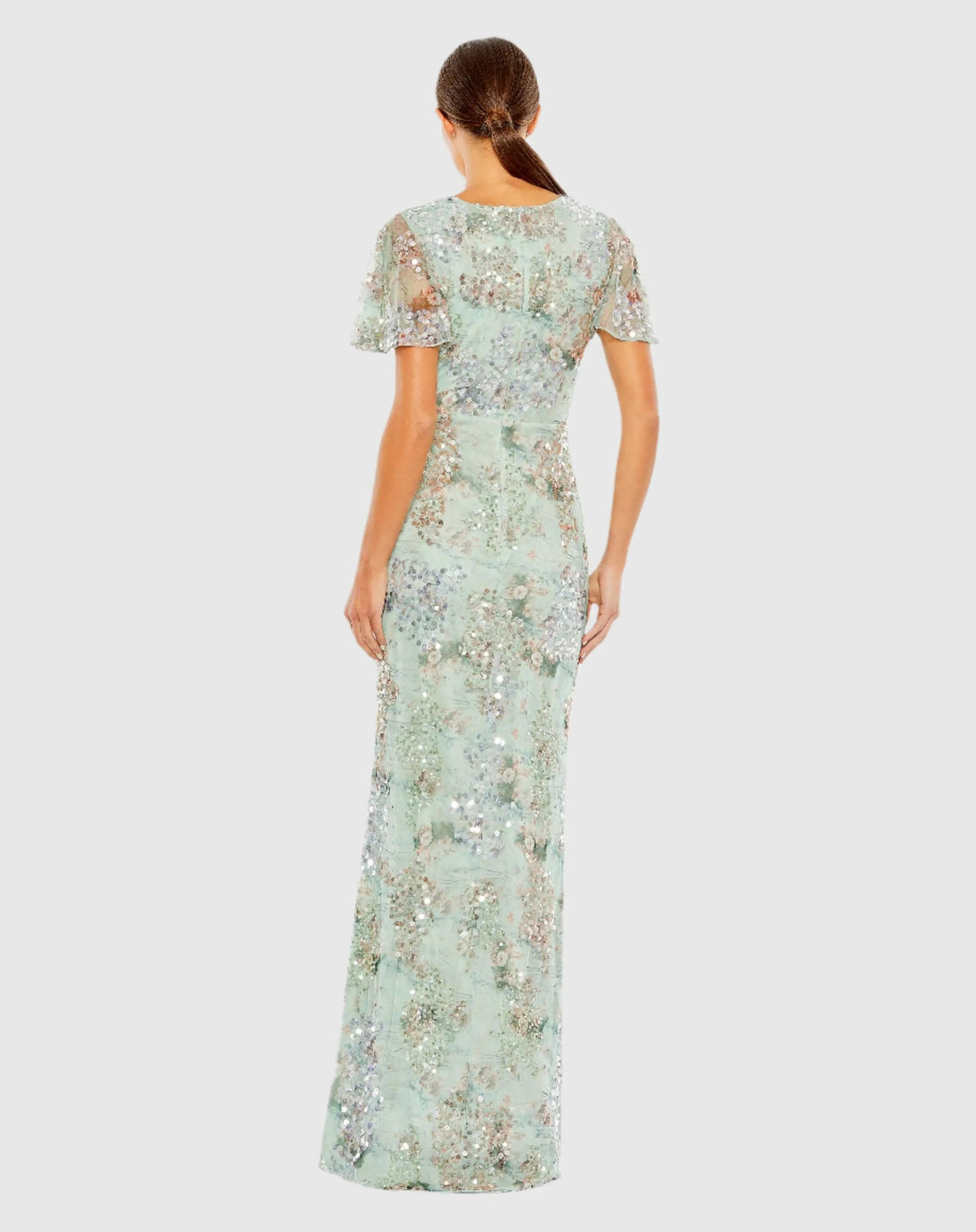 Mac Duggal Green Flutter Sleeve Embellished Evening Gown