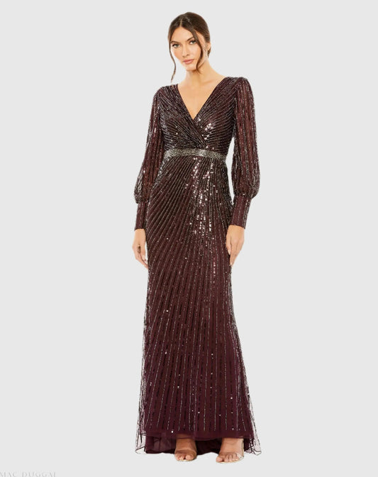Mac Duggal Red Sequined Wrap Over Bishop Sleeve Gown Duggal