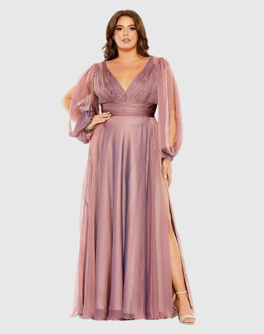 Mac Duggal Pink Puff Sleeve w/ Embellished Cuff V Neck A Line Gown (Plus)