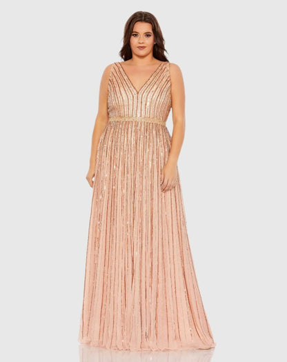 Mac Duggal Pink Sequined Striped Sleeveless V Neck A Line Gown (Plus)