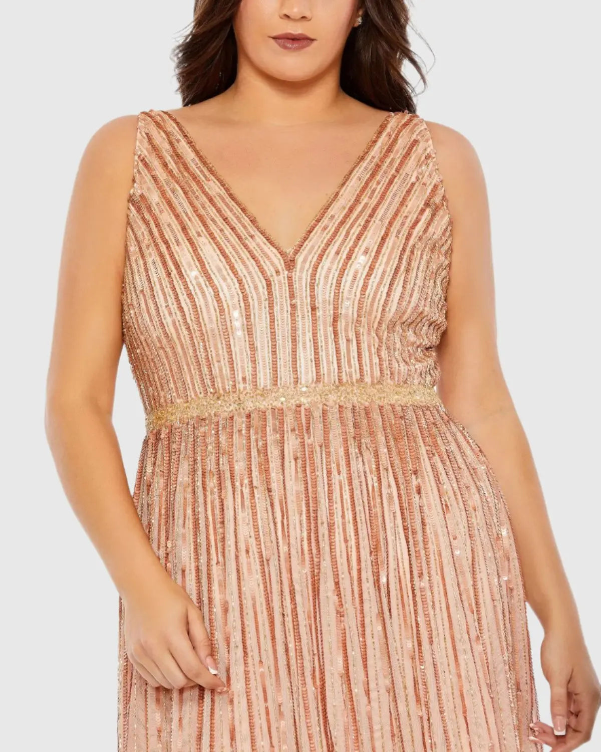 Mac Duggal Pink Sequined Striped Sleeveless V Neck A Line Gown (Plus)