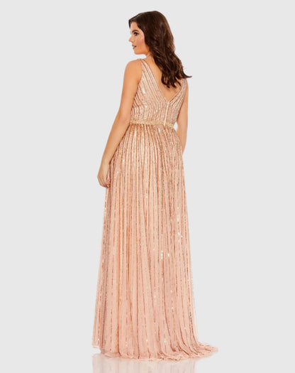 Mac Duggal Pink Sequined Striped Sleeveless V Neck A Line Gown (Plus)