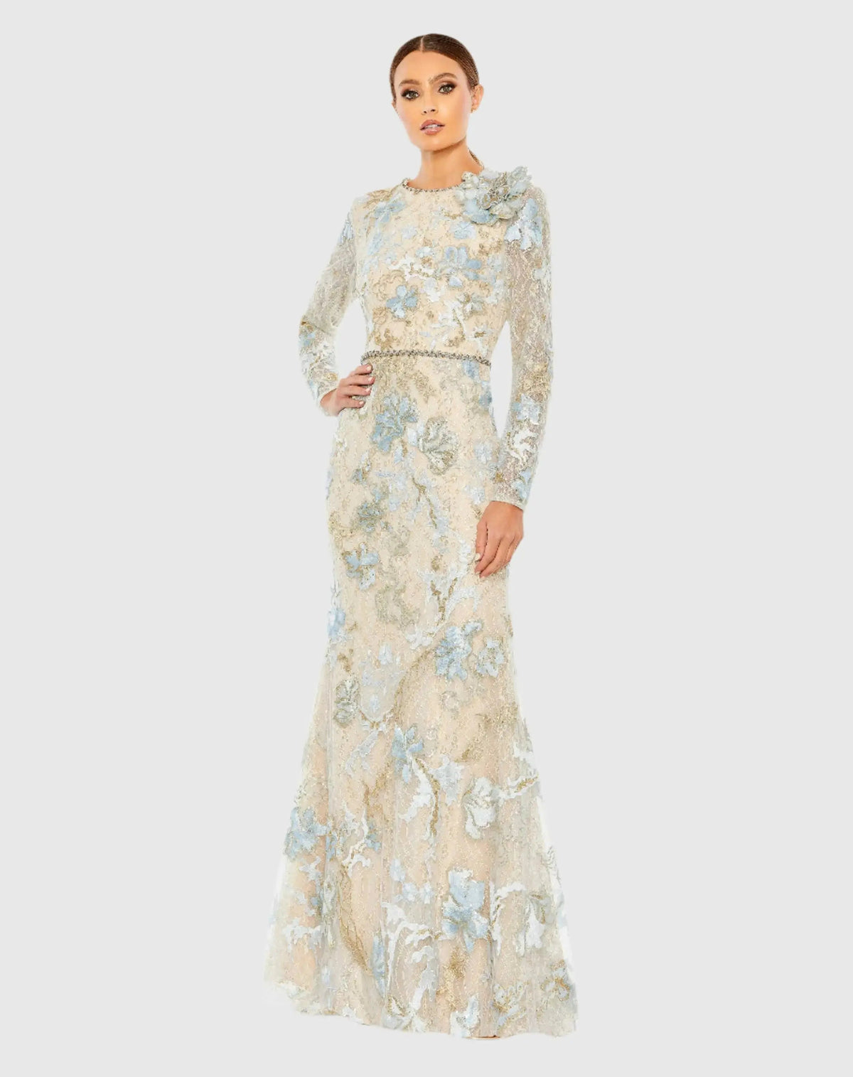 Mac Duggal Blue and Beige Floral Embroidered Lace Trumpet Gown Duggal