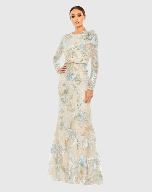 Mac Duggal Blue and Beige Floral Embroidered Lace Trumpet Gown Duggal