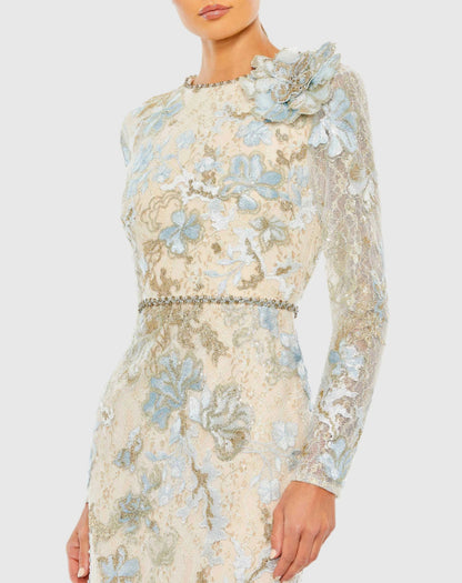 Mac Duggal Blue and Beige Floral Embroidered Lace Trumpet Gown Duggal