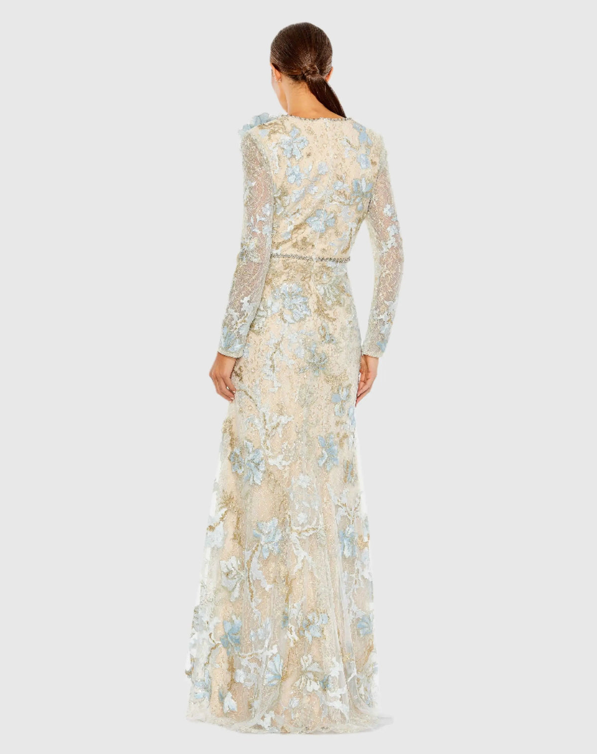 Mac Duggal Blue and Beige Floral Embroidered Lace Trumpet Gown Duggal