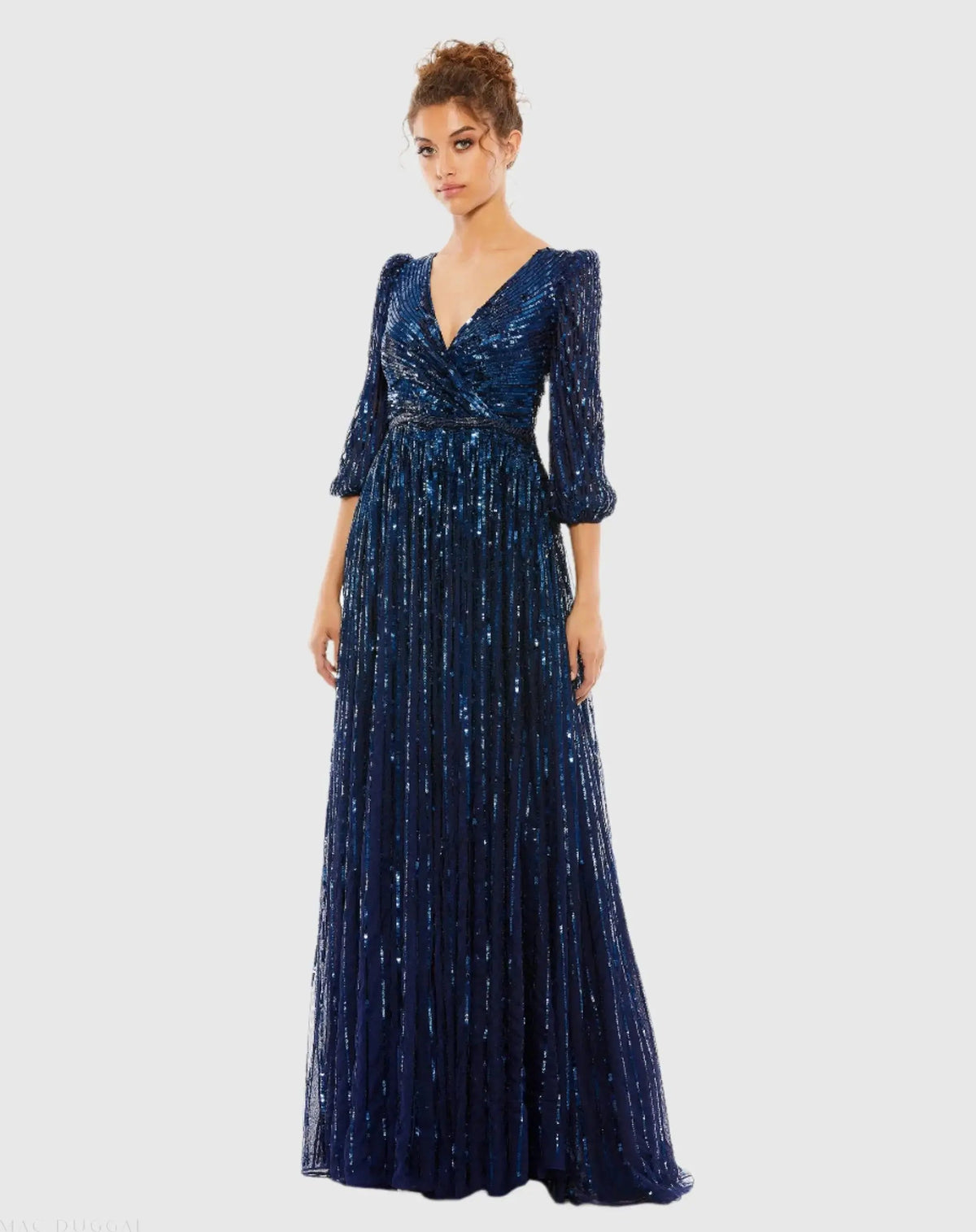 Mac Duggal Dark Blue Sequined Wrap Over 3/4 Sleeve Gown Duggal