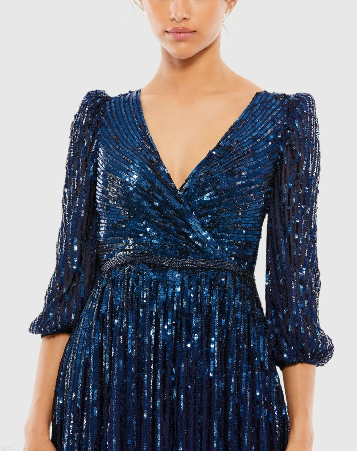 Mac Duggal Dark Blue Sequined Wrap Over 3/4 Sleeve Gown Duggal